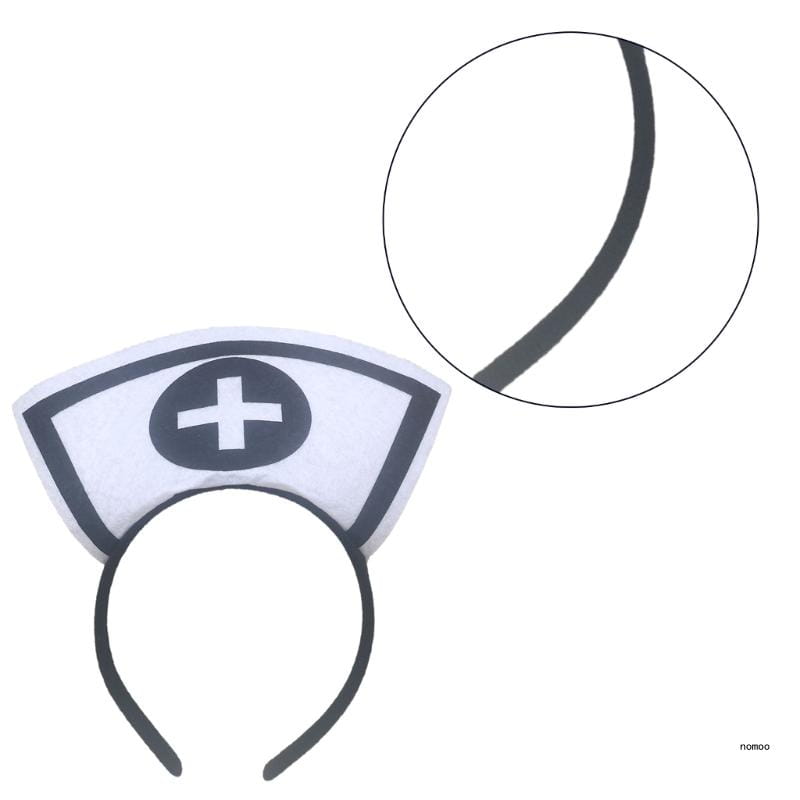 bandeau de costume d’infirmière blanc avec bordure noire et emblème de croix central, conçu comme accessoire de serre-tête pour cheveux à l’occasion d’Halloween