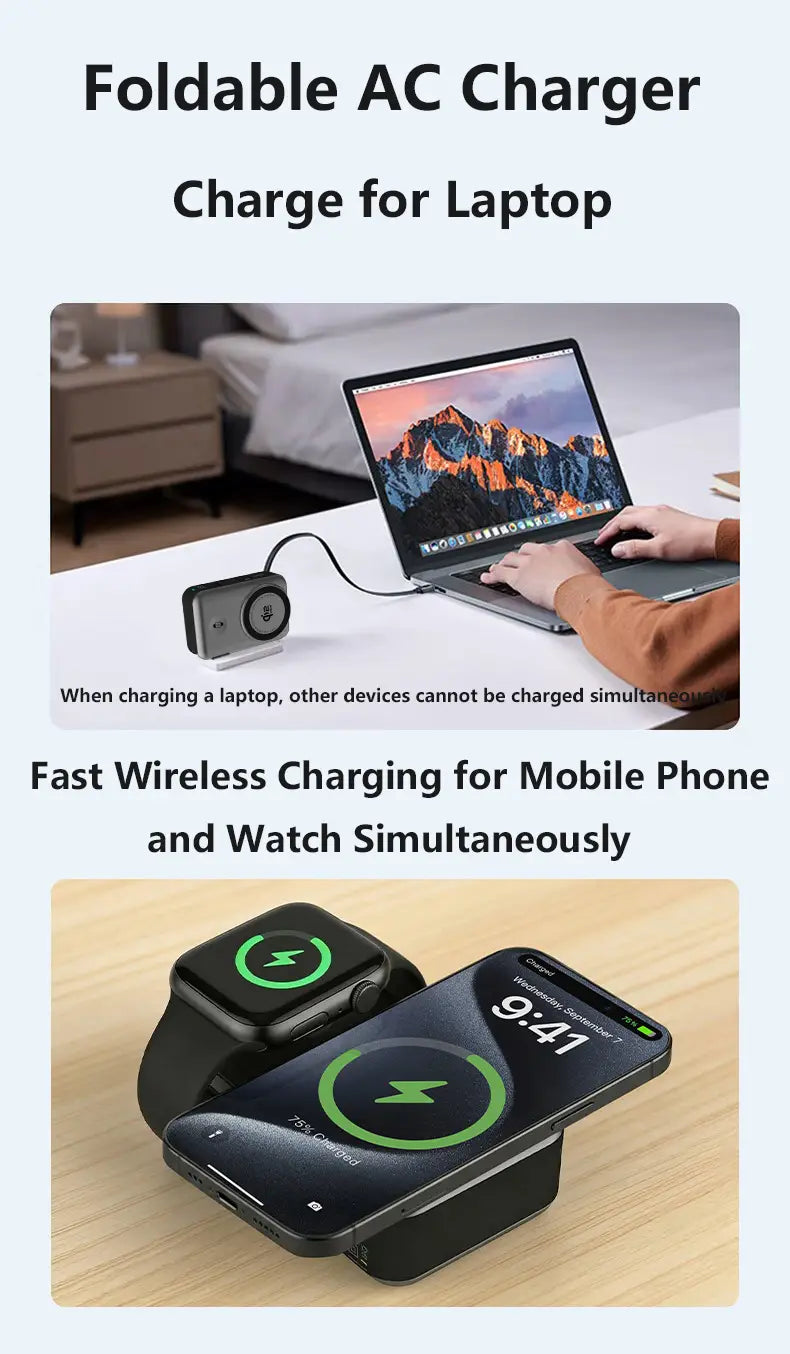 Black foldable ac charger with solid-state battery power bank featuring magnetic wireless charging pads for laptop phone and watch.
