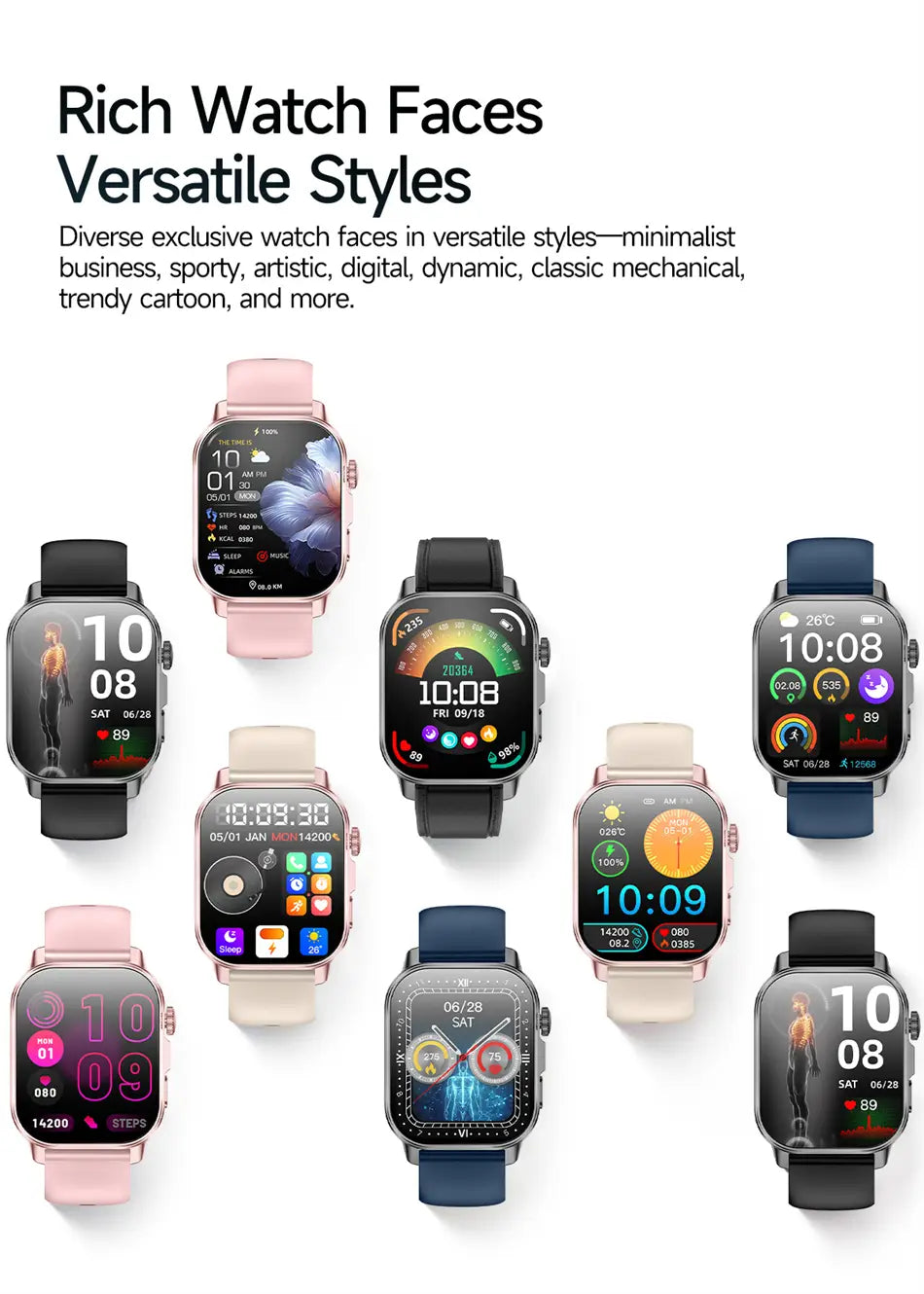 A collection of ecg health monitoring smart watches with blood pressure tracking featuring colorful digital displays on black and pink silicone bands in minimalist, sporty, and artistic watch faces.