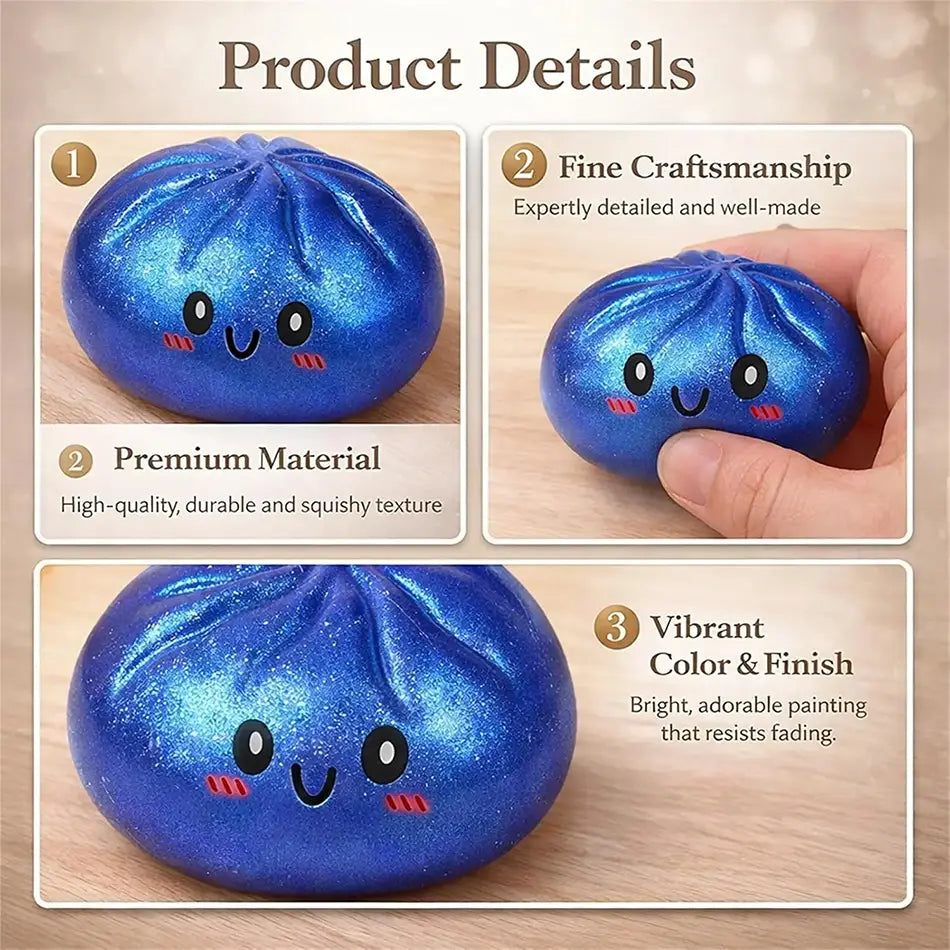 a shiny glitter dumpling squishy toy in blue with cute black eyes and rosy cheeks shown from the front