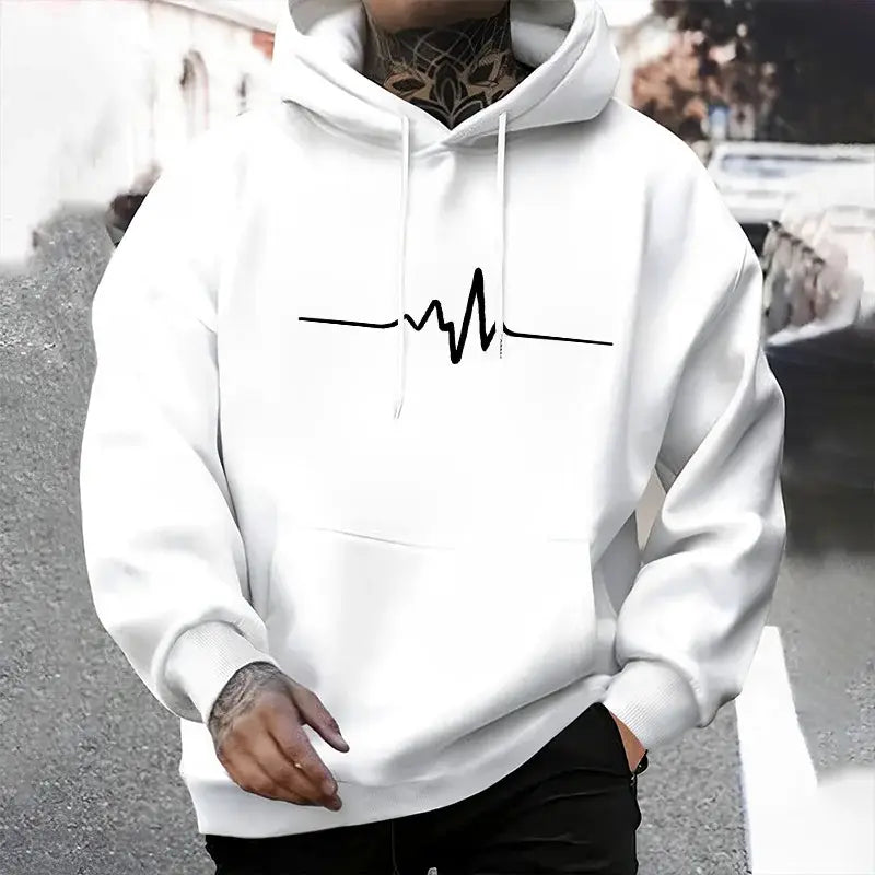 Herren-Winter-Casual-Kapuzenpullover in Weiß aus weichem Material mit schwarzer Herzschlag-Liniengrafik auf der Vorderseite.