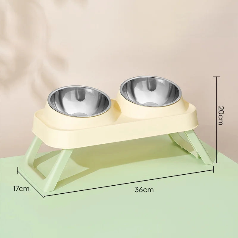 15° Elevated Pet Feeder: Portable Foldable Dual Stainless Steel Bowls with Non-Slip Base - Neck Support for Cats and Dogs