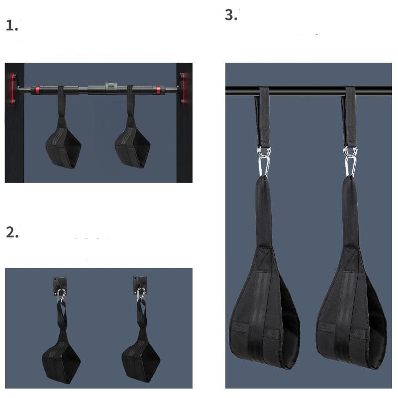 black fabric ab sling straps with heavy duty metal carabiners and red accented mounting hardware for hanging leg raise exercises
