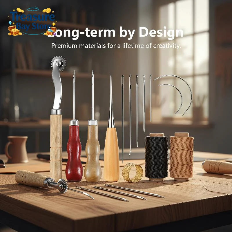 Leather Sewing Tools Kit Wooden Handle Needles Awl Waxed Thread Stitching Groover Thimble For DIY Craft Hand Stitching Repair