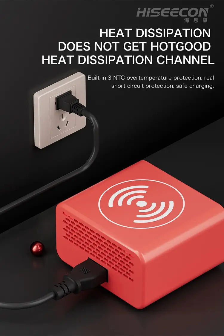 red rectangular wireless charging block with white circular nfc symbol and vented sides designed as a desktop charging station with 100w usb multi port digital display.