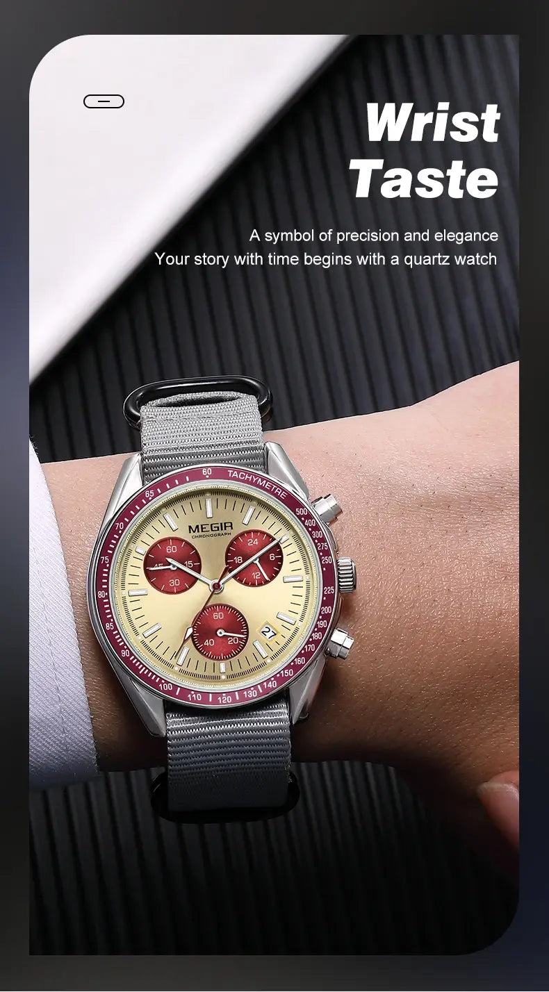 Megir men canvas chronograph watch featuring a silver-toned case, cream-colored dial with red subdials and bezel markings, and a gray fabric strap.