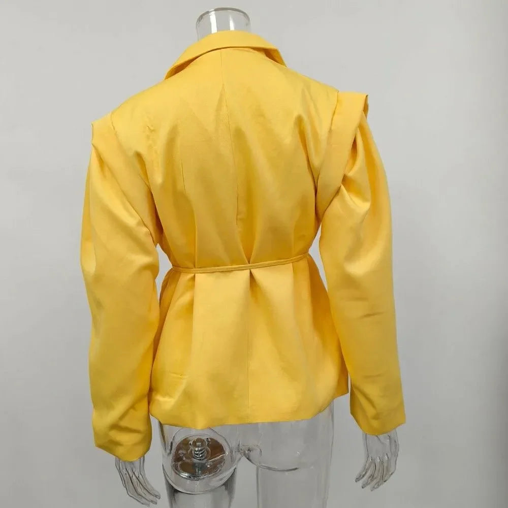 Women Belted Waist Blazer Jacket Padded Shoulder Lapel Collar Suit Coat  Autumn Office Elegant Formal Casual Workwear Outfit