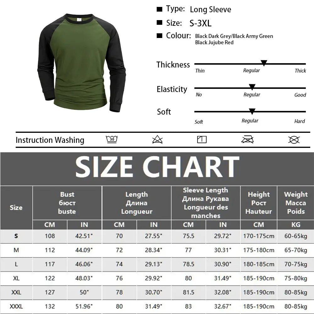 Herren-Raglanshirt mit langem Ärmel, mit schwarzen Raglanärmeln und einem olivgrünen Oberteil, erhältlich in Schwarz, Dunkelgrau, Schwarz, Armeegrün oder Schwarz-Jujubrot.
