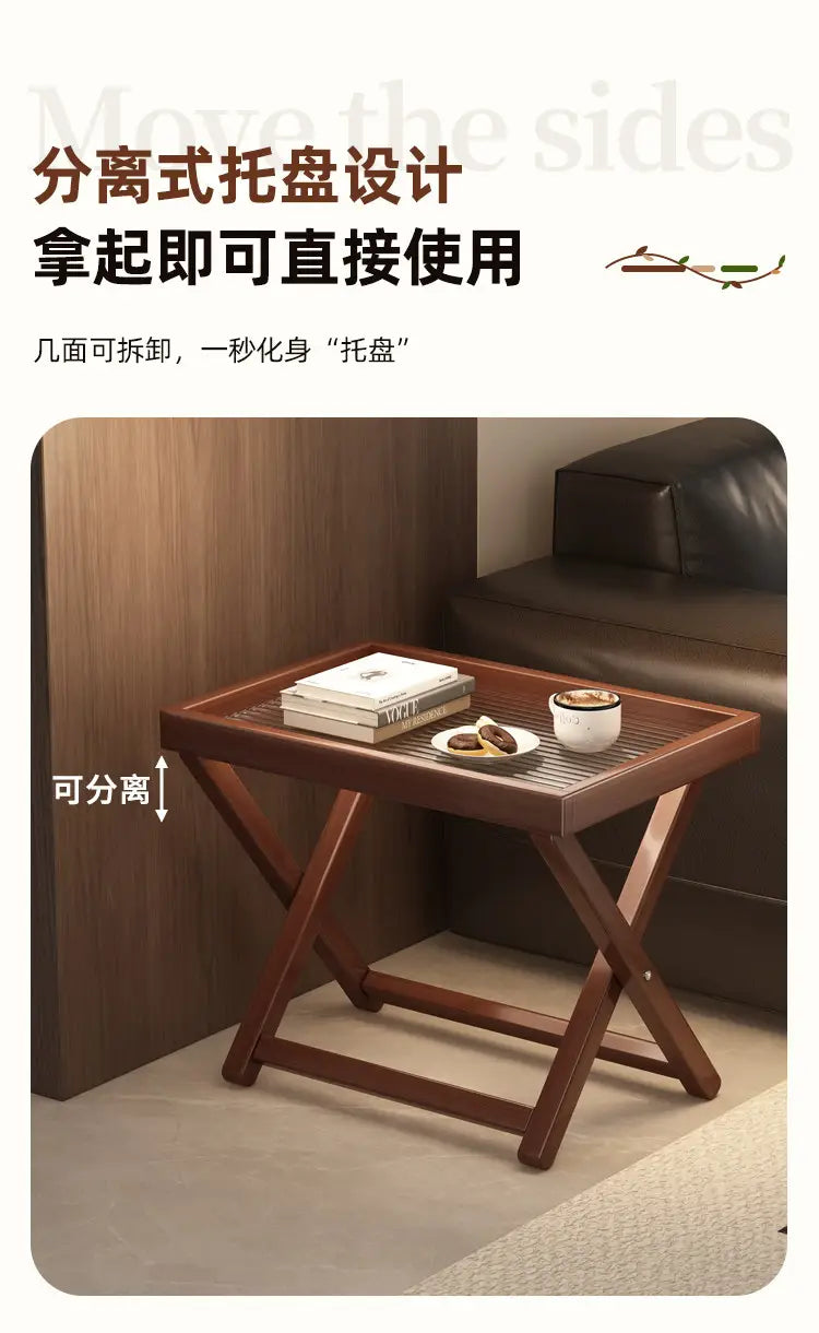 Brown wooden folding tray with a woven mesh top serving as a key selling point for the foldable glass side table wood frame product selling.