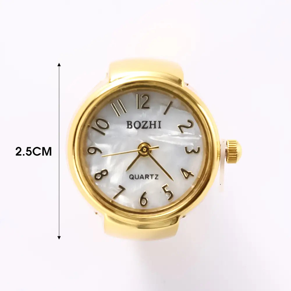 gold-toned ring watch with a bozhi quartz movement featuring a mother-of-pearl dial and black arabic numerals designed as unisex finger jewelry gift