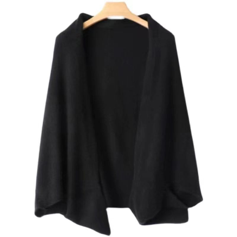 Schwarzer Strickschal, Cardigan oder Wickel aus Wolle mit weicher Struktur, weiten Ärmeln und entspannter Passform mit offenem Vorderseiten-Design