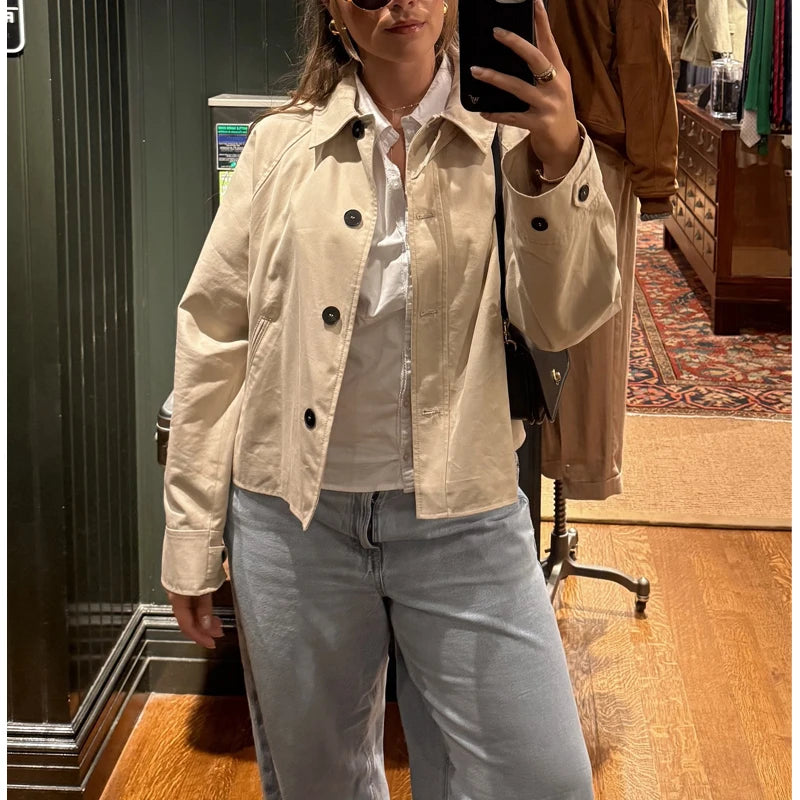 MUJER Women's Trench Coat Cropped Demi-season Jacket for Women Outerwears Short Women's Windbreaker Button Outdoor Coats Ladies