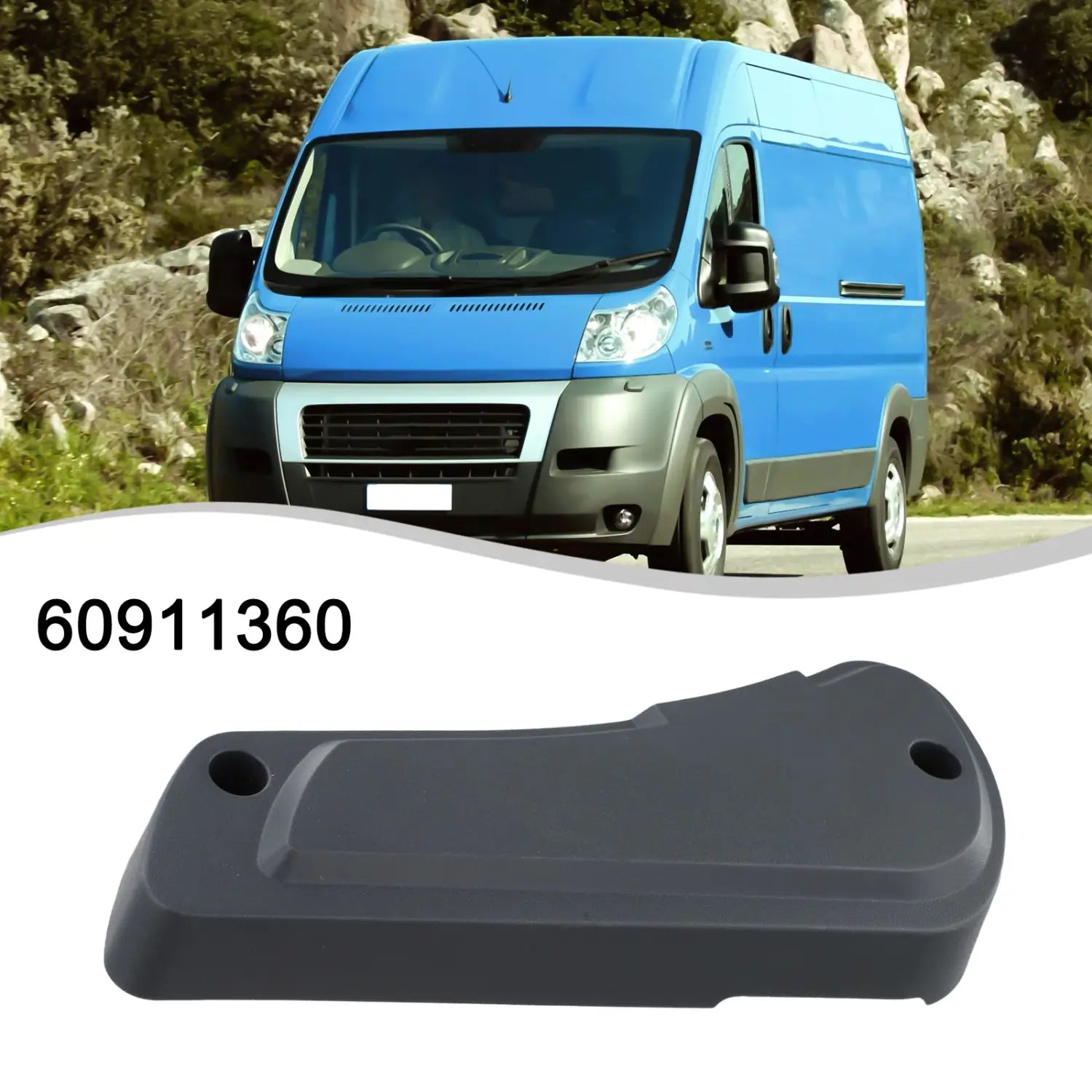 Black plastic dashboard cover for blue Fiat Ducato van driver seat panel part number 60911360 shown from the back side.