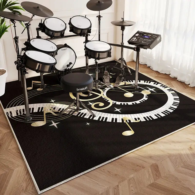Alfombra de área con notas musicales en blanco y negro para alfombra de sala de estar, con un fondo negro y teclas de piano blancas y doradas, notas musicales y patrones ondulados.