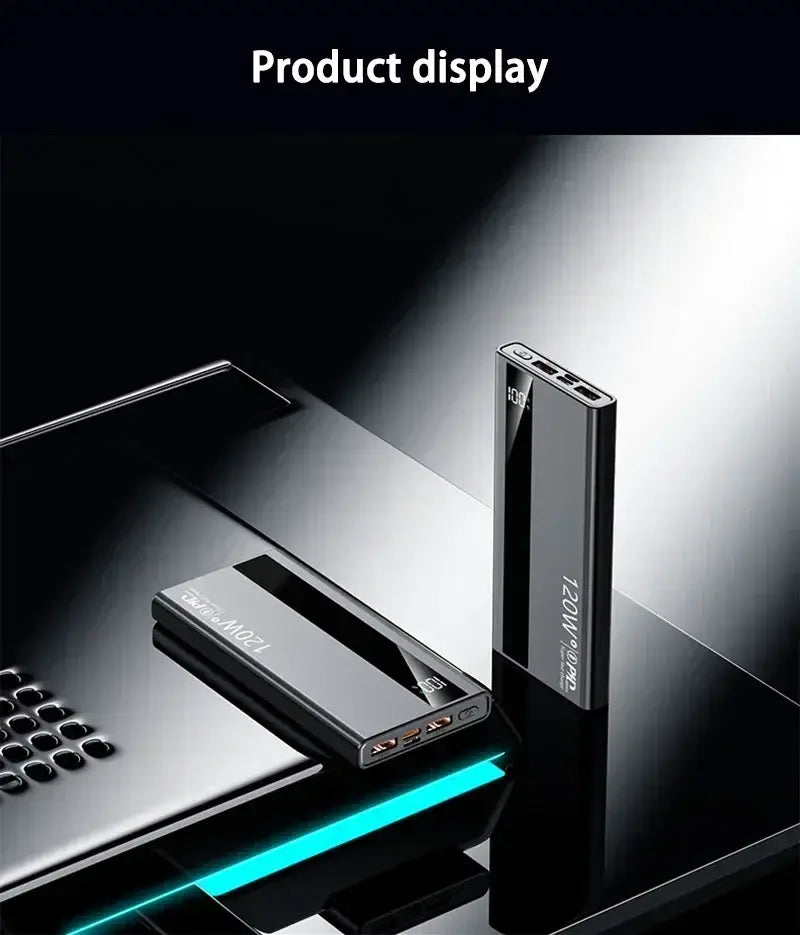 Bancos de energía portátiles rectangulares de carga rápida de 120 W en negro con acabados metálicos elegantes y múltiples puertos USB, con pantalla digital.