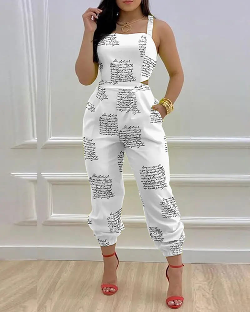 White jumpsuit with black script print and cutout details designed for women summer wear.