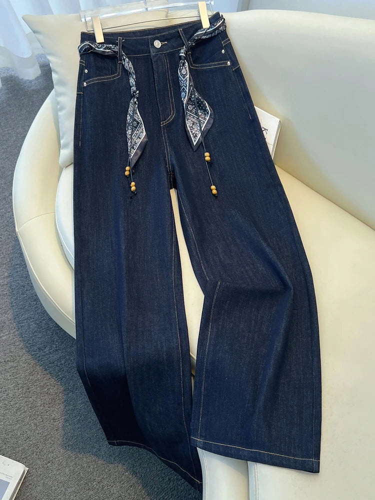 High-End Denim Blue Women's Jeans Straight Leg Wide Leg Pants with Silk Scarf Belt Retro Design Autumn New Style Casual Cotton