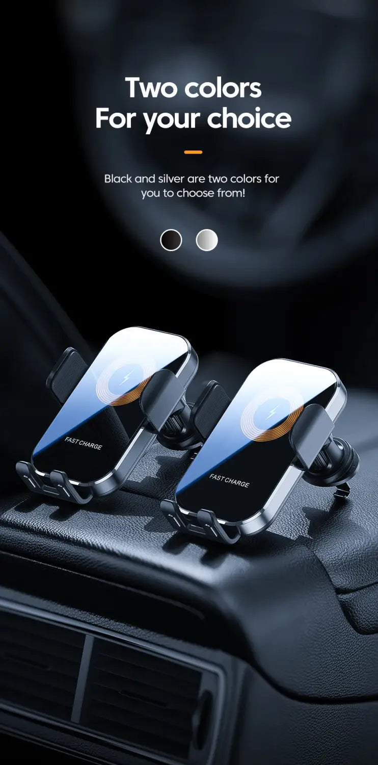 Soporte para cargador inalámbrico de coche plateado con carga rápida, con diseño moderno y elegante y acabado brillante, para carga inalámbrica y carga para navegación.