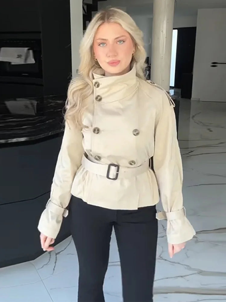 Double Breasted Trench Coat With Belts Women Elegant Stand Collar Long Sleeve Jacket Office Lady Windbreaker Street Tops