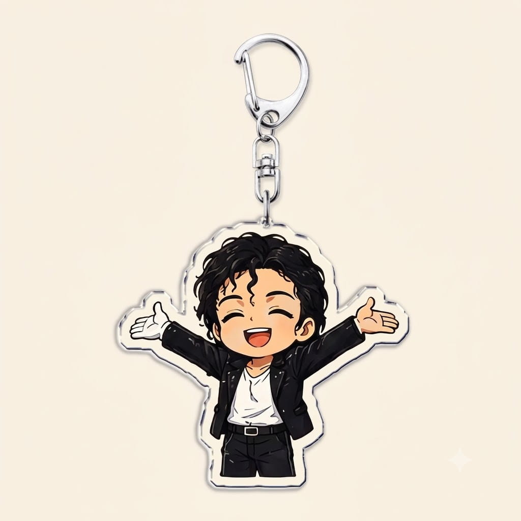 A cheerful michael jackson chibi acrylic keychain featuring a cartoon character with black curly hair wearing a black jacket over a white shirt and black pants attached to a silver metal clip.
