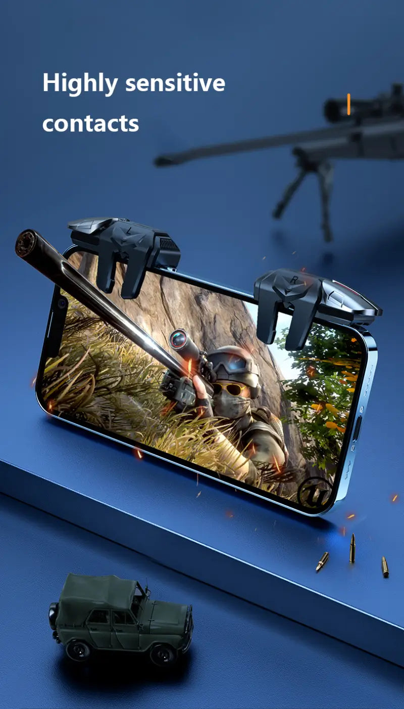 保持性を高めるための、テクスチャー付きエルゴノミクスグリップを備えた、iPhoneおよびAndroid向けのブラックのPUBG Mobile用トリガーコントローラー。
