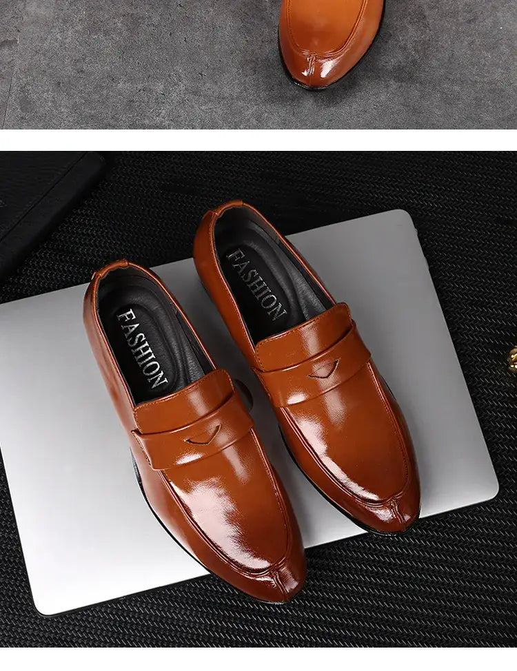 Brown patent leather men’s business dress loafers with a sleek polished finish and classic slip-on design.