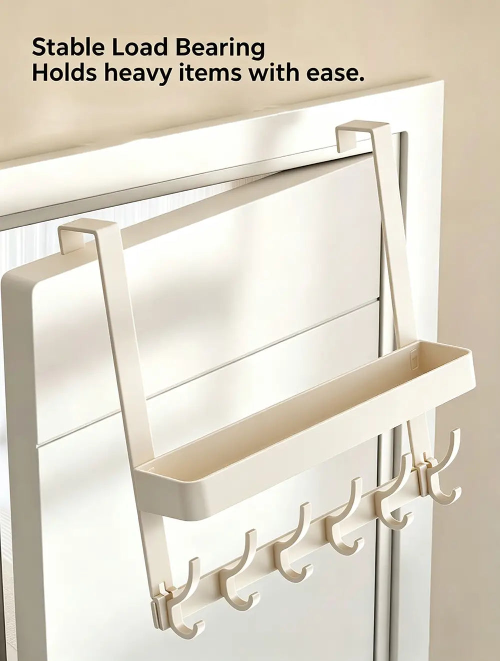 Beige over door organizer with shelf, tray, and five hooks made of durable plastic for efficient space saving.