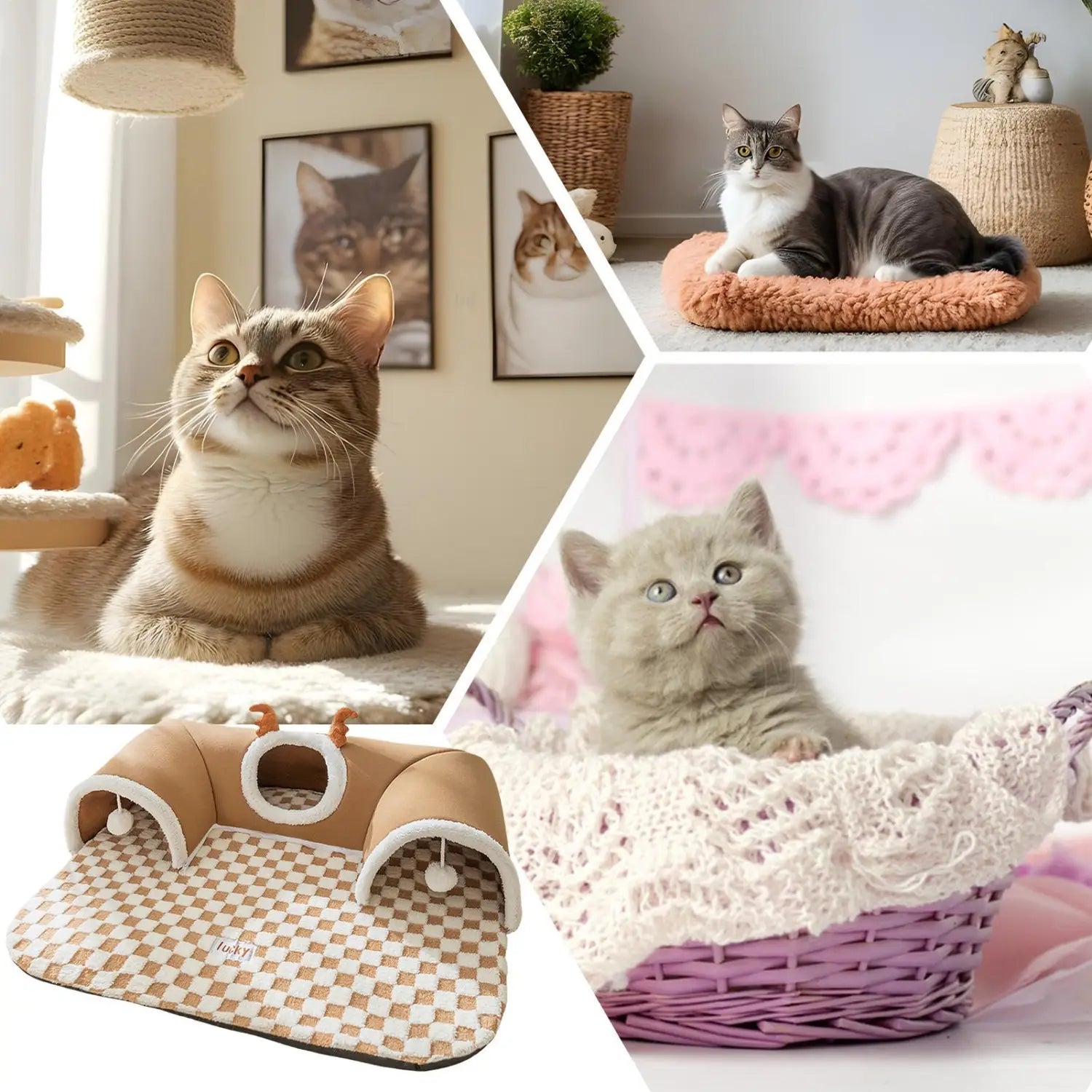 Beige and white checkered cat tunnel bed with soft fabric arches and antlers designed as a plush corner hideaway.