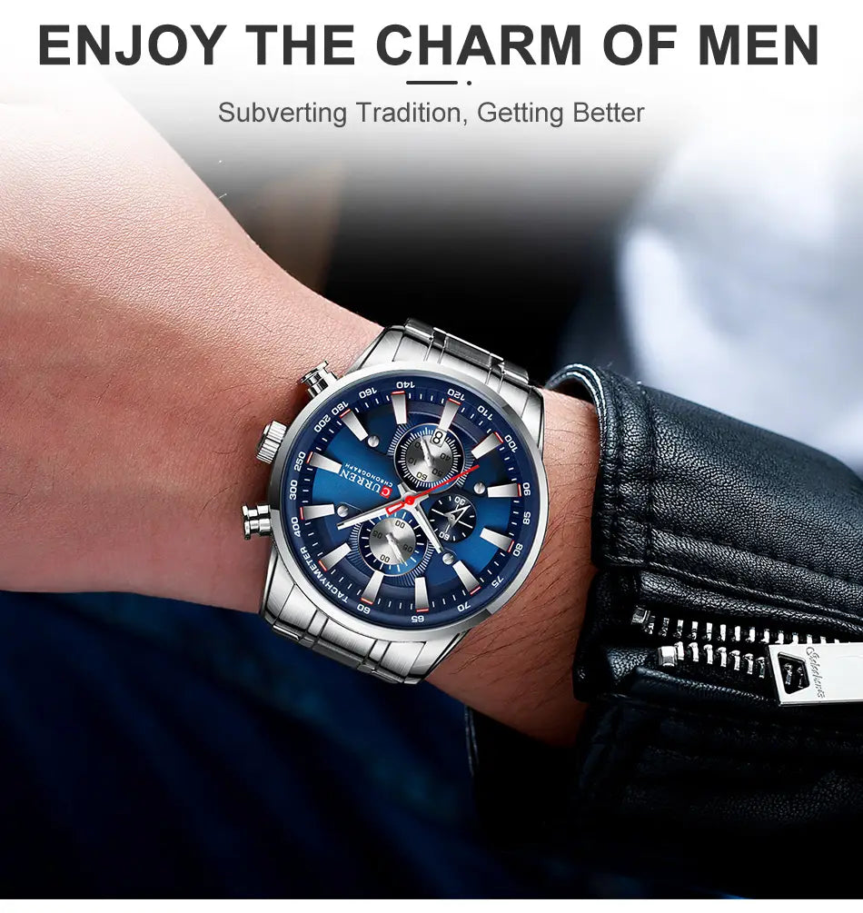 Curren mens chronograph stainless steel watch with silver tone case, vibrant blue dial, multiple subdials, bold white markings, and red accents on the hands.