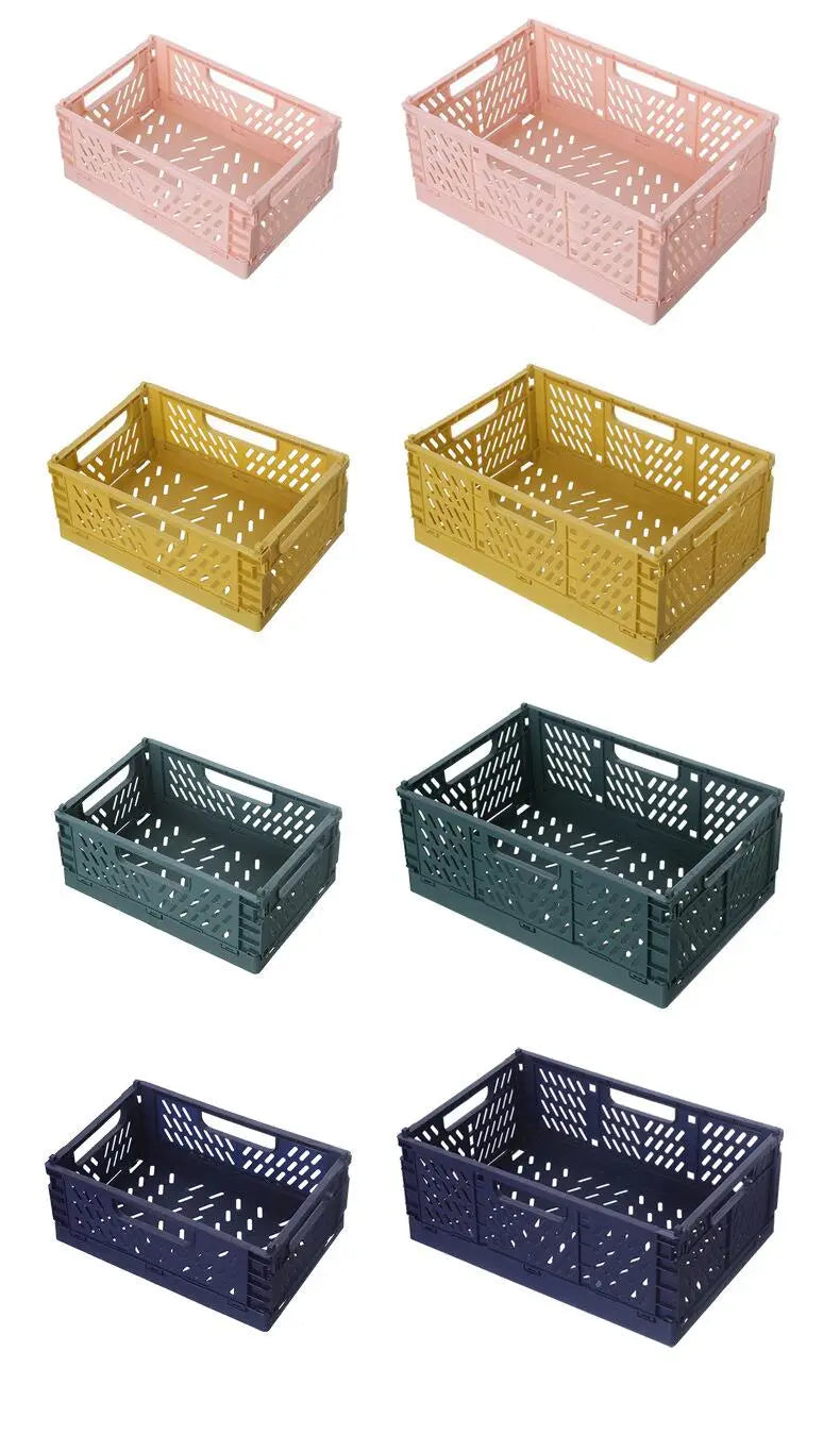 Foldable storage baskets made of plastic lattice crates in pink, yellow, green, and navy blue colors designed for versatile foldable storage solutions.