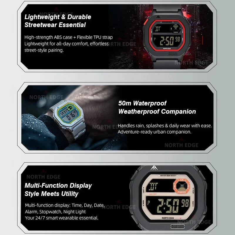 NORTH EDGE 2026 New Smart Watch for Men Digital Watches Simple Square Watches Waterproof 50M Stopwatch Countdown Alarm Luminous