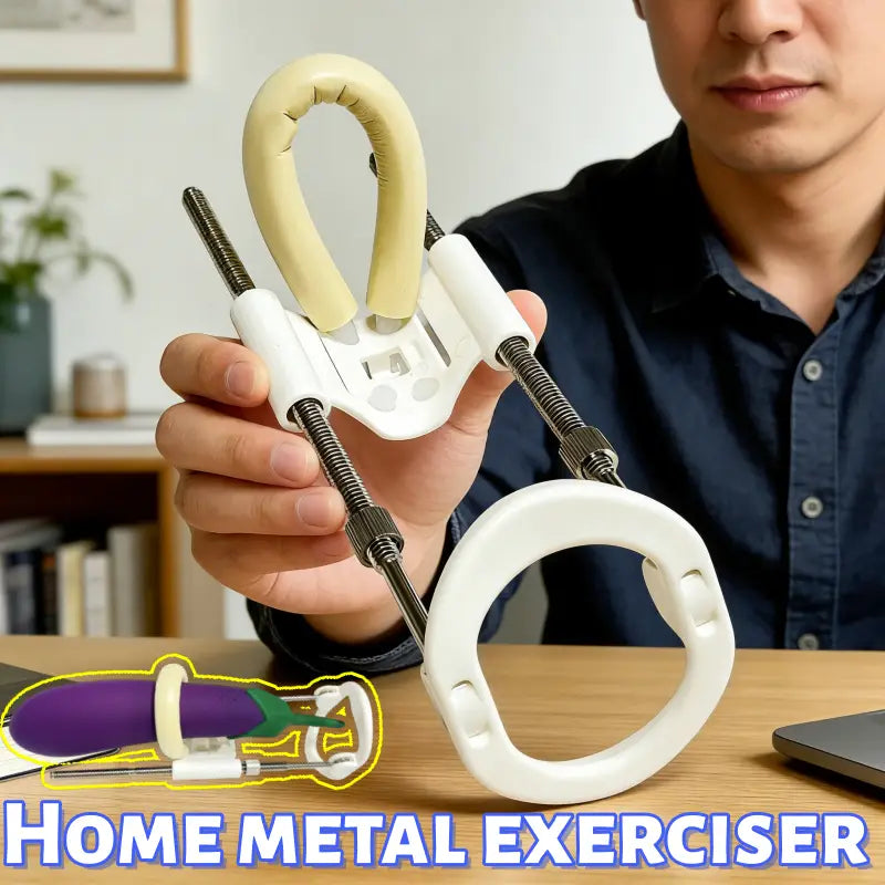 white plastic and metal neck exerciser with padded beige handles displayed on a home gym storage rack organizer for fitness equipment