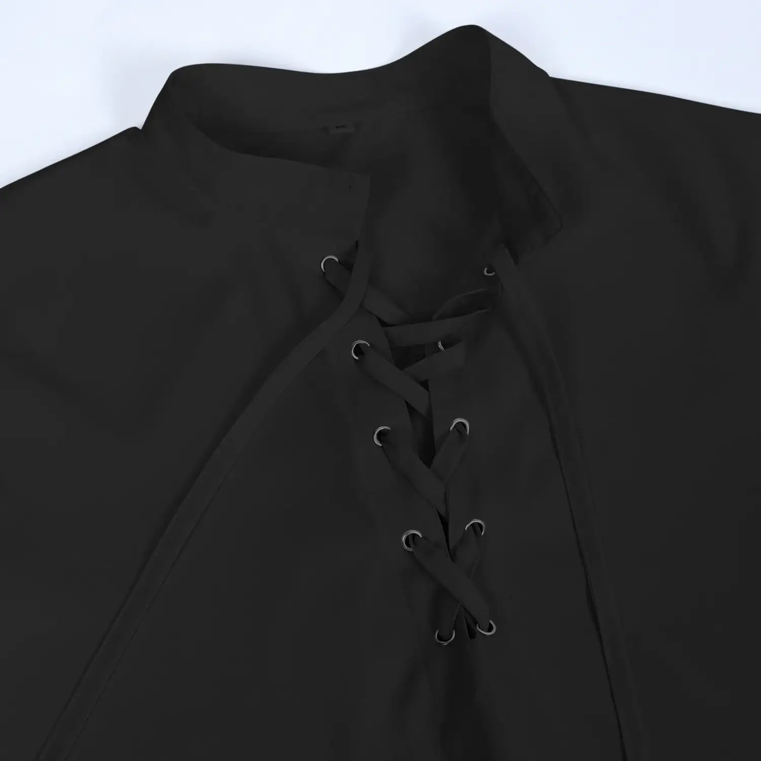 Mens pirate medieval renaissance lace up shirt in black with high collar and silver toned eyelets shown from the front.