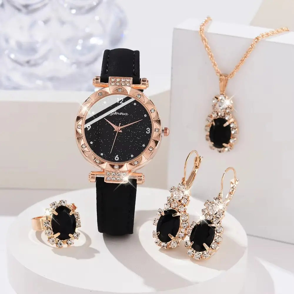 Rose gold black leather women quartz watch set featuring a starry black dial with crystal embellishments and matching jewelry.