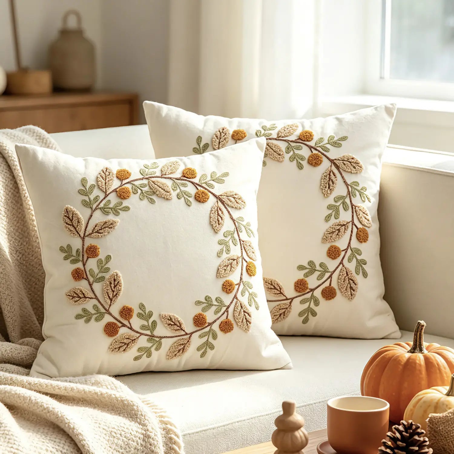 Housse de coussin d’appoint de couleur crème avec des couronnes d’automne brodées, comprenant des feuilles beige, vertes et orange, ainsi que des baies, pour des housses de coussin de saison.