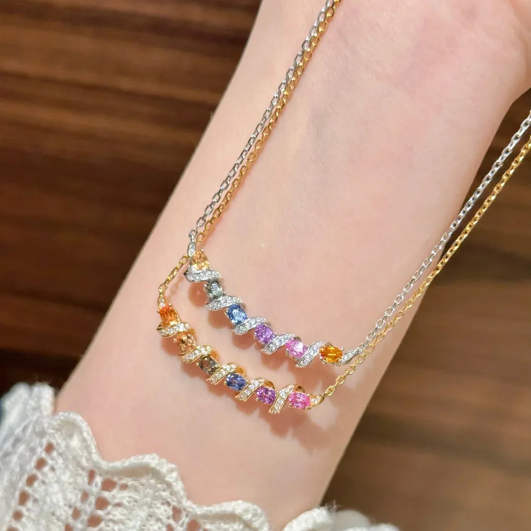 S925 Sterling Silver Necklace, Evening Dress Accessory, colorful Zircon Necklace, Noble and colorful Gemstone Necklace for Women