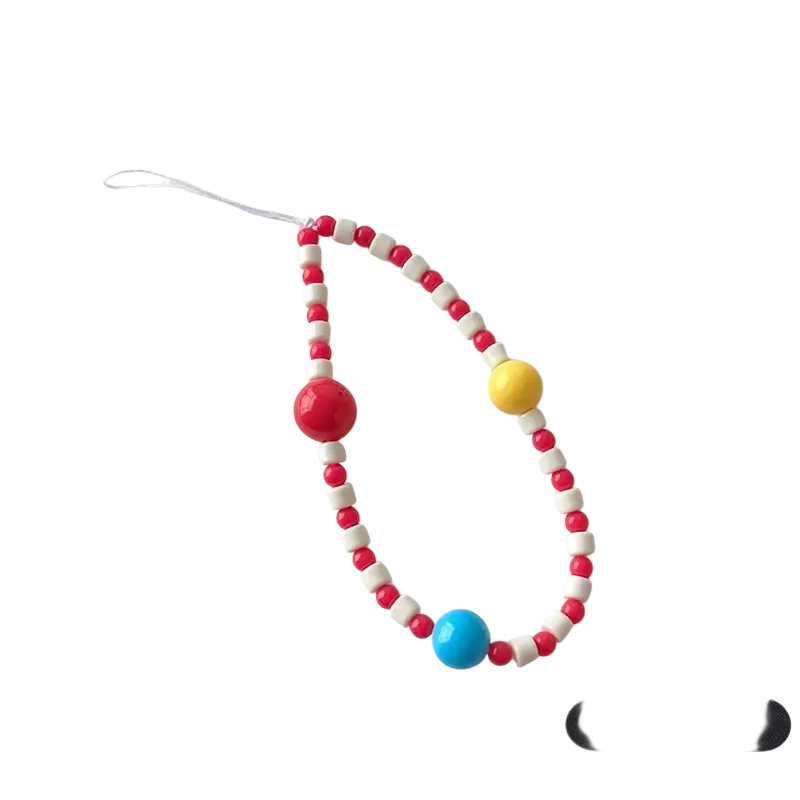 A colorful ins cute phone wrist strap with red and white beads accented by larger yellow and blue beads