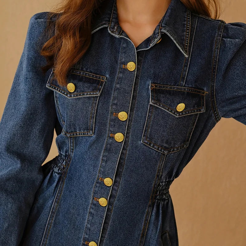 2026 Women's Fashionable Double-Breasted Denim Dress Short-Sleeved Casual Waist Belted New Style