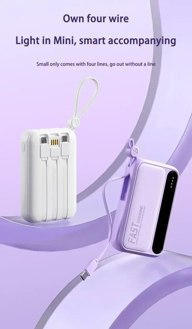 white and lavender portable power banks with multiple usb ports and wrist strap for convenient on-the-go super fast charging featuring built-in cables and 30000mah capacity