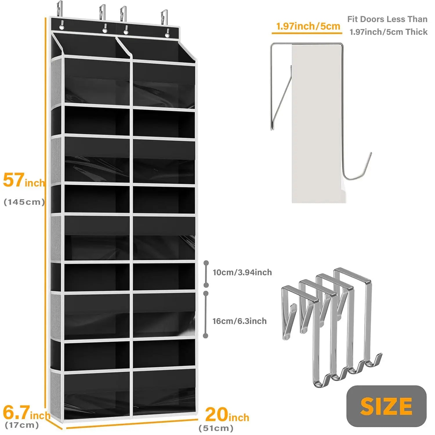 Organisateur pour chaussures suspendu derrière la porte noir, avec 16 compartiments en tissu et crochets métalliques, pour un rangement suspendu avec design gris à grille de 10