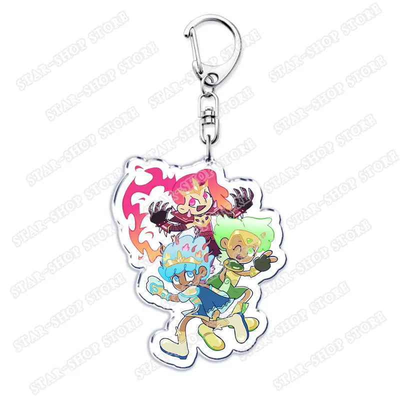 Clear acrylic Amphibia anime keychain featuring three colorful cartoon characters with vibrant pink green and blue hair against a fiery background.
