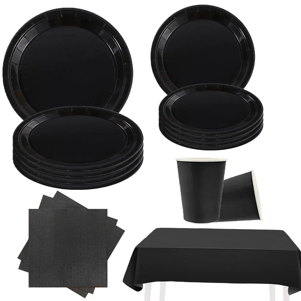Simple Black Disposable Tableware Set Paper Plates Cups Napkins Tablecloth Birthday Party Decorations Adult Wedding Supplies