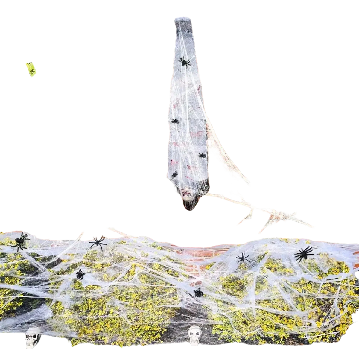 A white translucent hanging halloween decoration with black hair suspended in super stretch cobwebs for halloween party decorations