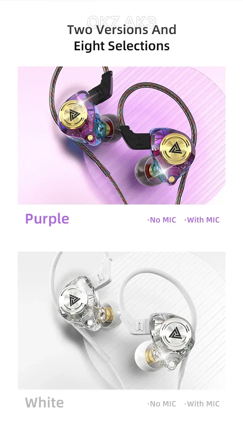 Casque d’écoute intra-auriculaire filaire Qkz AK3 violet et blanc, avec accents dorés et boîtiers transparents révélant des composants internes.