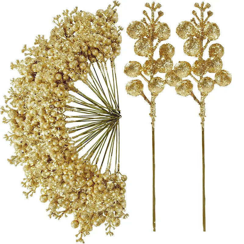 golden glittery berry branches flower bouquet with a sparkling metallic finish and delicate stem design for 20pcs christmas decoration glitter use