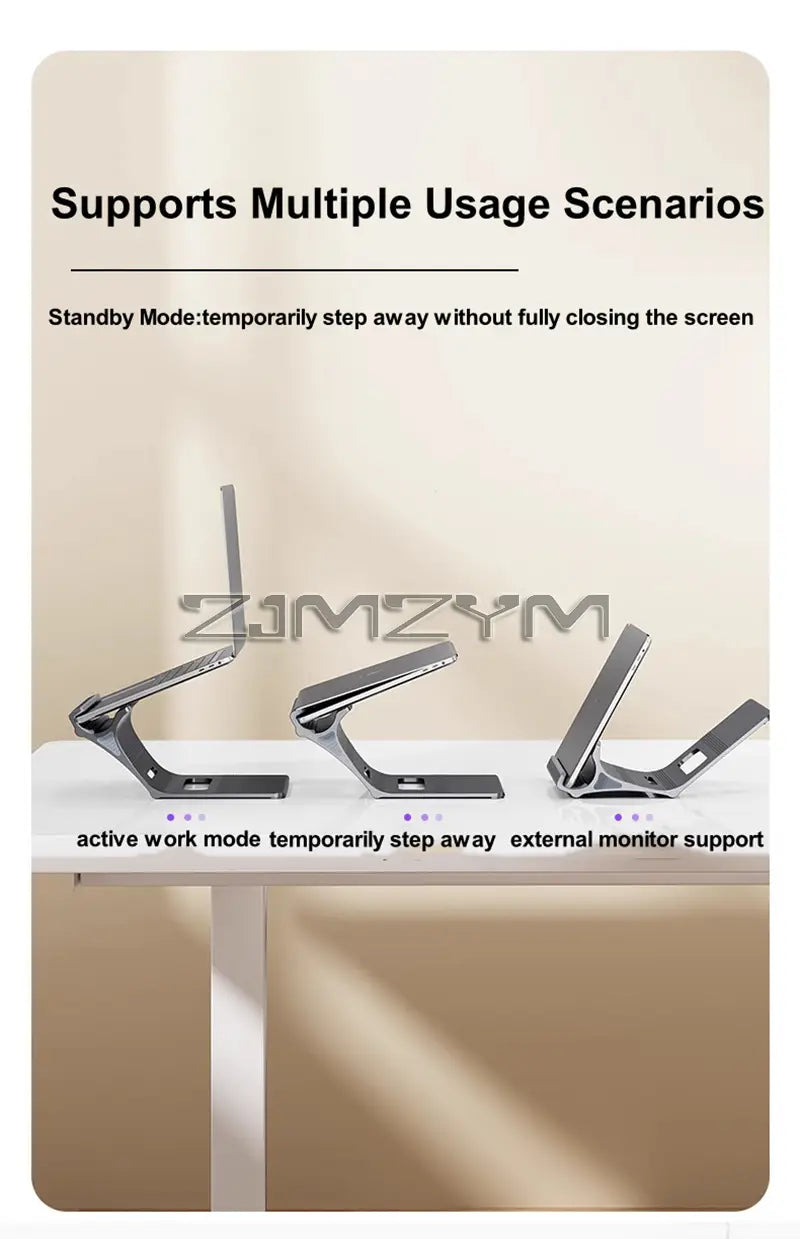 silver aluminum laptop stand with sleek angular design and adjustable arms for versatile desk positioning