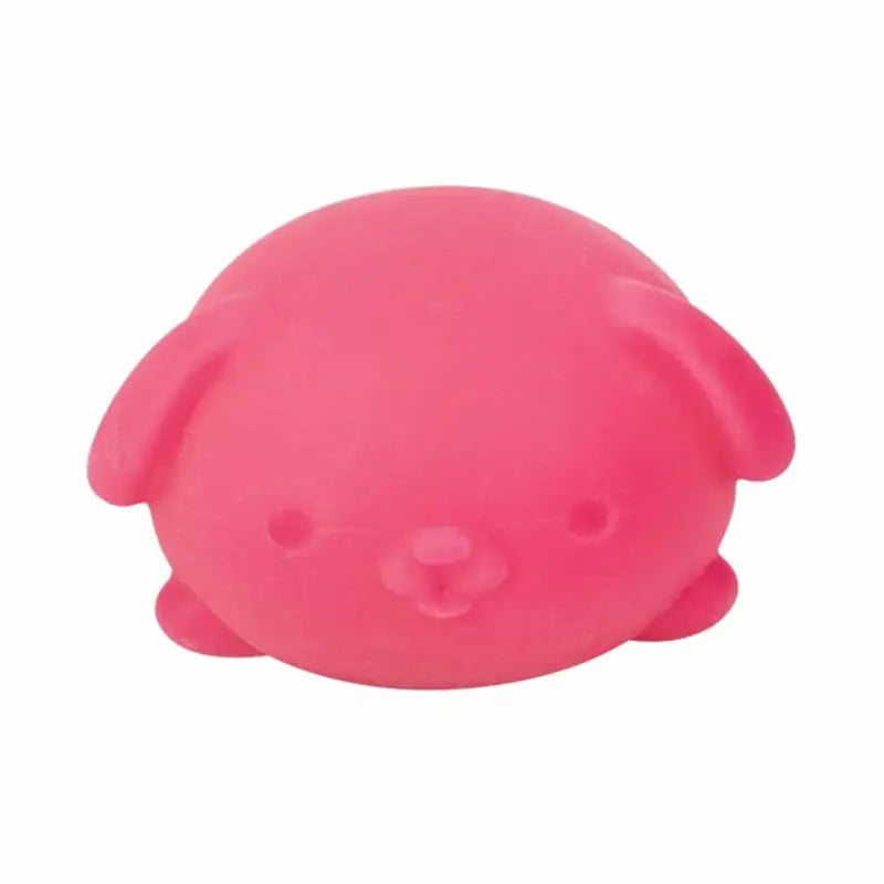 A vibrant pink soft sensory fidget toy shaped like a round sleepy puppy viewed from the front featuring quick rebound properties.