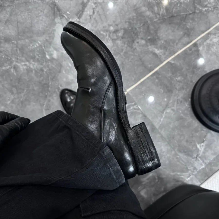 Black Leather Vintage Men's Dress Shoes Washed Effect Upturned Round Toe Slip On Loafers Casual Business Formal Low Heel Shoes