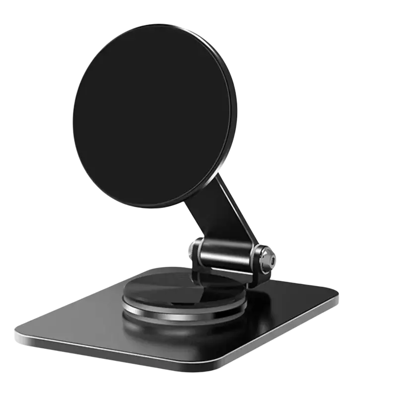 Black magnetic phone stand with adjustable arm and suction cup base shown from a front angle for pro max phones