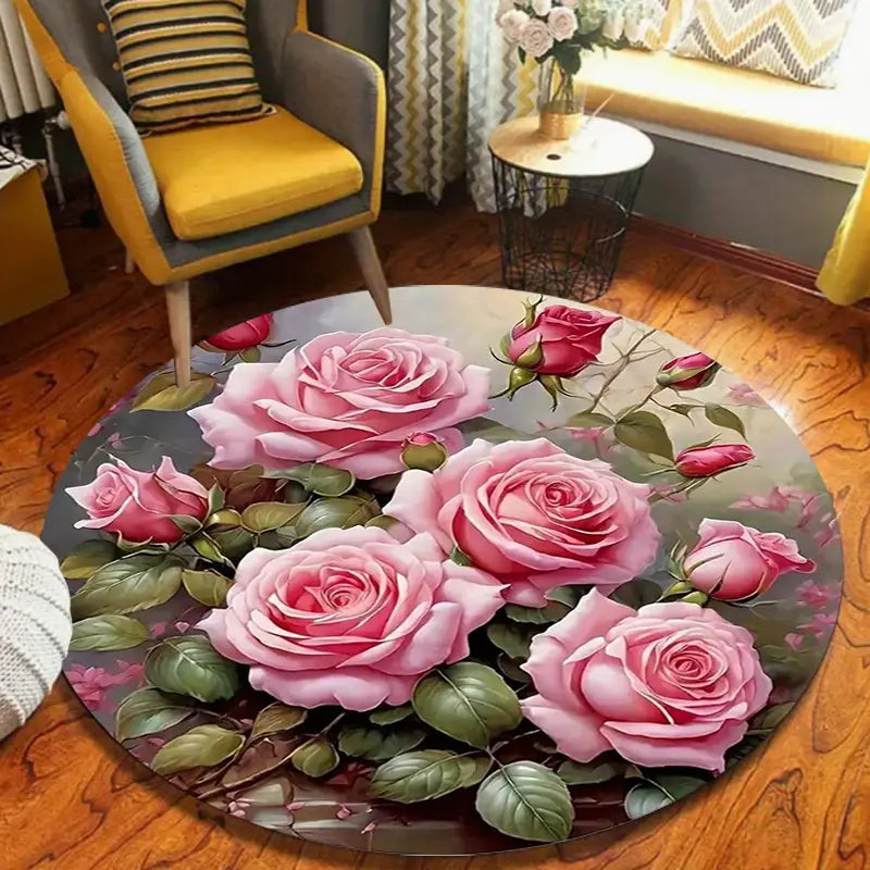 Floral runder Bereichsteppich mit rutschfester Flanellteppich-Ausführung mit detailliertem 3D-Druck von rosa Rosen und grünen Blättern auf dunklem Hintergrund.